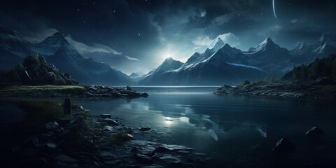 A night sky with a lake and mountains in the background.