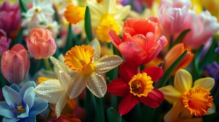 Backdrop of close-up variety of bright colorful spring flowers in full bloom, including tulips, daffodils.