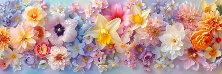 Banner of close-up of a variety of colorful spring flowers in pastel soft colors