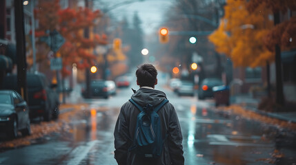 A fashionable man walks through a street where the rain has just stopped in a beautiful city.