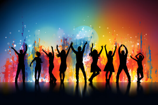 Silhouette of people dancing at a concert, night party, colorful background, 