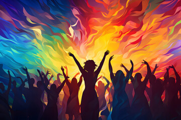 Silhouette of people dancing at a concert, night party, colorful background, 