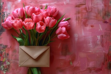 Bouquet of Tulips with Envelope on Pink Background, Radiating Vibrant Red Hues