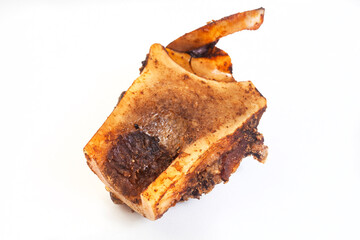 dried Beef knuckle dog bone chews and treats isolated on white surface with copy space. 