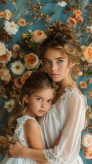 Mother and Daughter Share Heartwarming Hug Against Floral Patterned Wall at Home