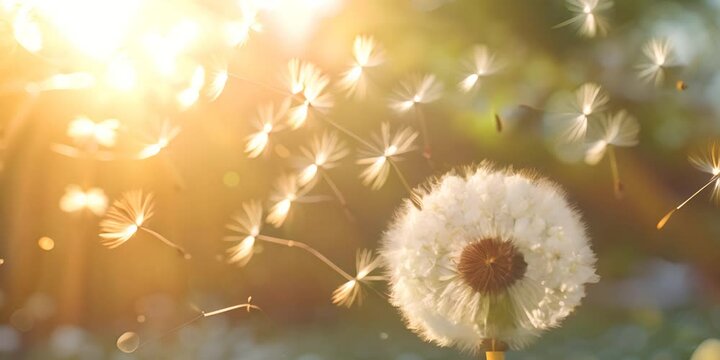 Dandelion with flying seeds in sunlight.