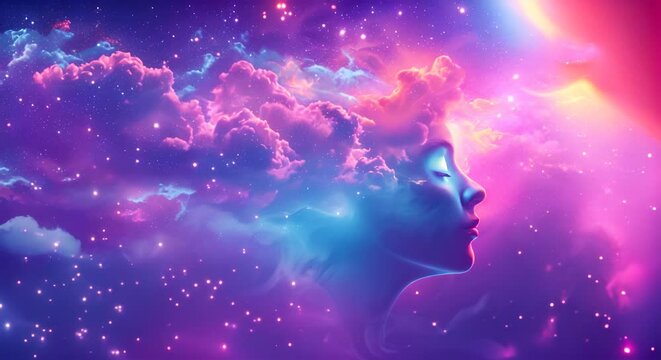 Silhouette of a female face against a cosmic nebula. The concept of cosmic beauty and the mystery of the universe.