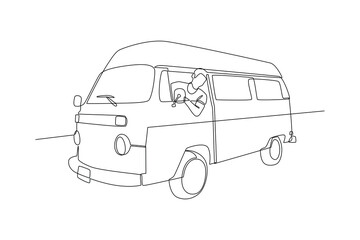 Continuous line drawing of traveling using classic car, Best Use for Sticker, editable icon. Simple line.