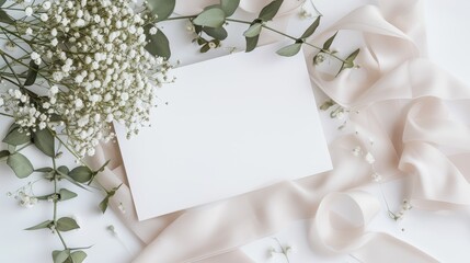 Top view blank square white greeting card with white gypsophila flowers and pink fabric on a white background. 3D Greeting card paper mockup wedding invitation card