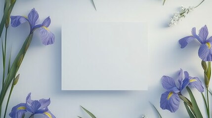 Blank square card with a blooming blue Iris flowers decor and white background for wedding invitation card. Top view 3D flat greeting card birthday mockup