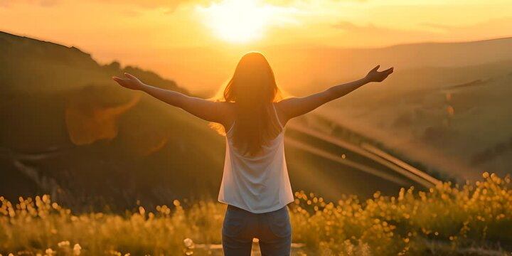 Woman with arms outstretched at sunset in a field. The concept of freedom and peace.