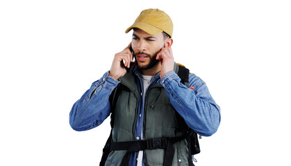 Phone call, problem and man hiking with bad, connection or poor reception on isolated, transparent or png background. Smartphone, fail or male backpacker with app, glitch or frustrated by 404 crisis