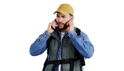 Phone call, problem and man hiking with bad, connection or poor reception on isolated, transparent or png background. Smartphone, fail or male backpacker with app, glitch or frustrated by 404 crisis