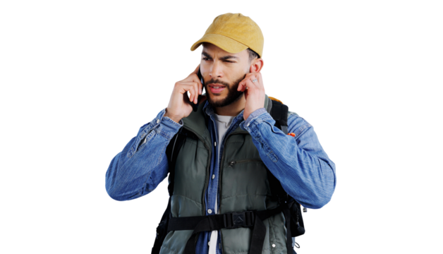 Phone call, problem and man hiking with bad, connection or poor reception on isolated, transparent or png background. Smartphone, fail or male backpacker with app, glitch or frustrated by 404 crisis