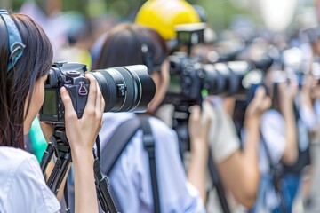 Diverse group of journalists capturing the latest news with professional cameras