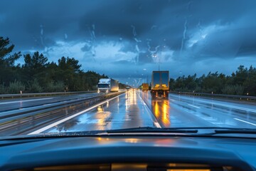trucks on the intercity highway at night, rain - obrazy, fototapety, plakaty