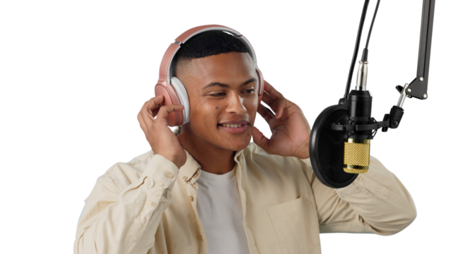 Artist, headphones and mic in studio with podcast, audio and creativity for song. Musician, microphone and recording for production, performance and singing isolated on a transparent, png background