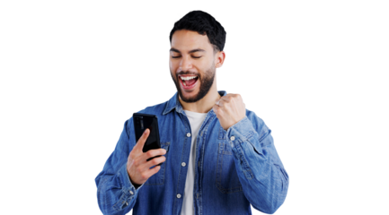 Phone, wow and excited man with winner fist for gaming success on isolated, transparent or png background. Yes, hands and happy person with smartphone app for prize, reward or competition giveaway