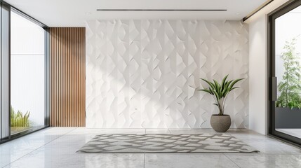 Fototapeta na wymiar Minimalist Entrance Hall with White Textured Wall and Geometric Rug