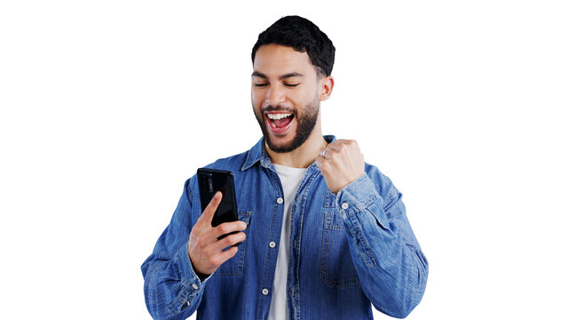 Phone, wow and excited man with winner fist for gaming success on isolated, transparent or png background. Yes, hands and happy person with smartphone app for prize, reward or competition giveaway