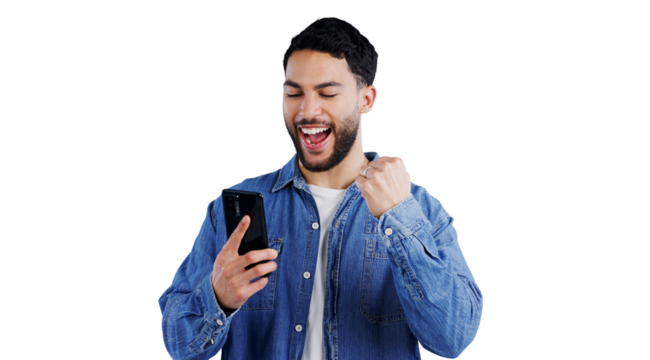 Phone, wow and excited man with winner fist for gaming success on isolated, transparent or png background. Yes, hands and happy person with smartphone app for prize, reward or competition giveaway - Powered by Adobe