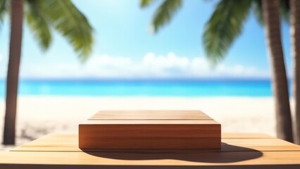 A wooden pedestal for advertising goods on the background of a beautiful tropical beach.