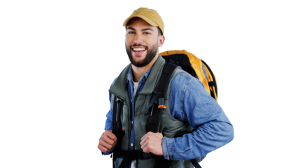 Hiking, backpack or portrait of man with fitness journey on isolated, transparent or png background. Camping, travel or face of guy person trekking with freedom, vacation or wellness exercise holiday