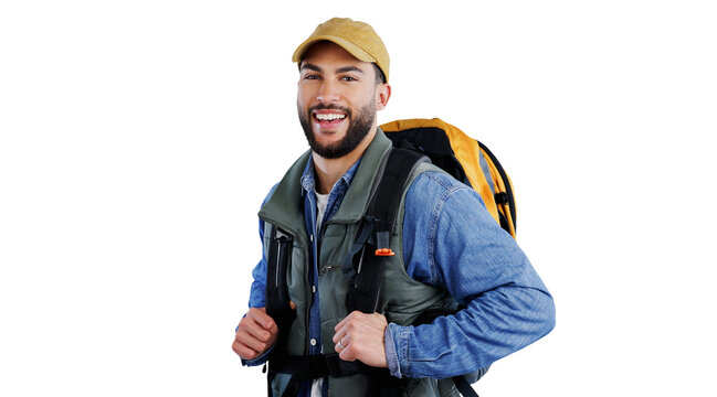 Hiking, backpack or portrait of man with fitness journey on isolated, transparent or png background. Camping, travel or face of guy person trekking with freedom, vacation or wellness exercise holiday