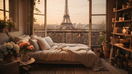 Bedroom with Paris as background, beautiful view of Paris from bedroom