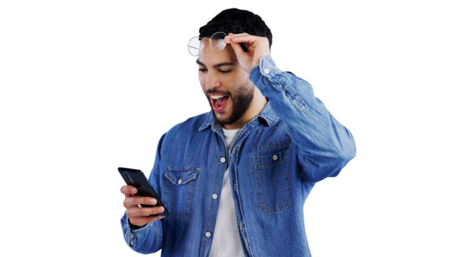 Wow, glasses and man with phone, news or email notification on isolated, transparent or png background. Smartphone, app and male person with shocking alert of sign up prize, discount or giveaway