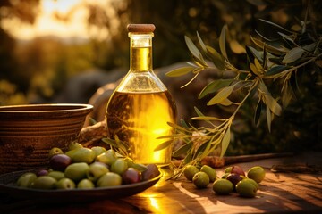Freshly squeezed olive oil and olives, harvest olives and olive oil, olives and olive oil on the table, virgin olive oil