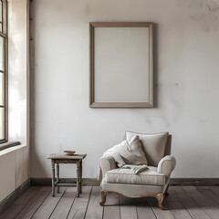 an empty room with an armchair, side table and frame