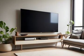 A crisp and clear shot of a sleek flat screen TV mounted on a living room wall