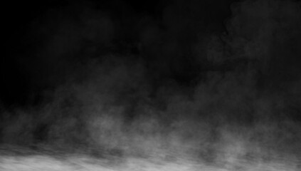 Abstract misty fog on isolated black background. Smoke stage studio. Texture overlays. The concept of aromatherapy. - obrazy, fototapety, plakaty
