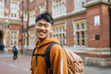 Fototapeta premium Man With Backpack Standing in Front of University Campus Building. Generative AI.