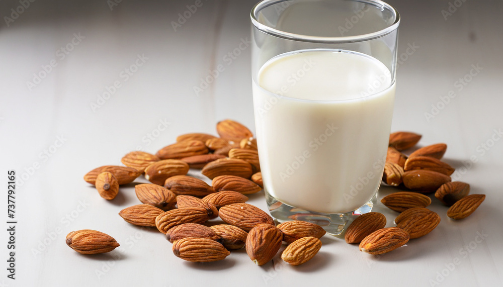 Wall mural Organic almond milk in glass with raw almonds on white table