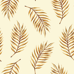 Watercolor seamless pattern with golden date palm branch illustration isolated on white background. Botanical and wedding and Ramadan Kareem or Eid Al Adha 2024 hand drawn decor. For designers, prin