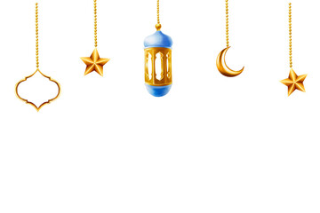 Watercolor Islamic arabian border, frame, templates with golden crescent moon, stars and lanterns on a gold chains illustration isolated on white background. Muslim hand drawn holiday Ramadan Kareem