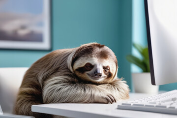 Sloth sleeps at the computer, fatigue, laziness concept.