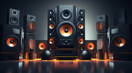 3D background music audio system with speakers. - obrazy, fototapety, plakaty