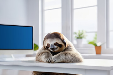 Naklejka premium Sloth sleeps at the computer, fatigue, laziness concept.