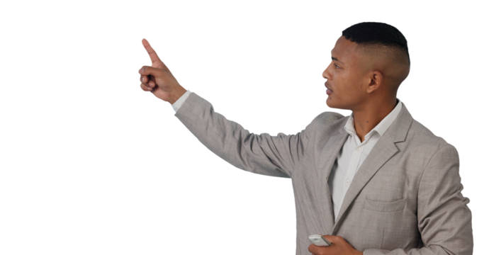 Weather forecast, pointing and man for talking with hands, news reporter and announcement on television. Meteorologist, climate change and global warming and isolated on transparent png background