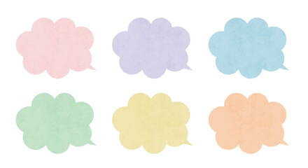 シンプルでカラフルなモクモクした雲形の水彩画風イラストの吹き出しセット