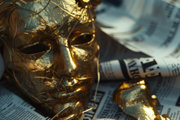 A gleaming gold mask, juxtaposed against the starkness of a newspaper, invites us to question the value and facade of our society's standards
