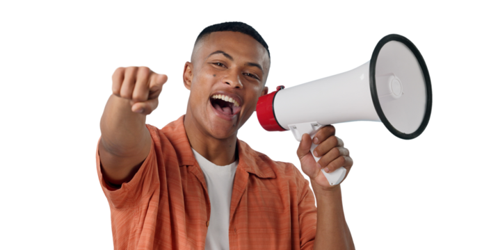 Man, megaphone and winner or pointing you for announcement, broadcast and choice or news. Portrait, join us or attention and voice for sale, bonus or winning isolated on a transparent, png background