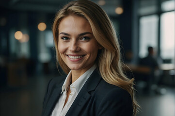 Fototapeta premium Smiling Woman At Office Caught In Photo. Сoncept Office Portraits, Professional Headshots, Business Casual Poses, Confidence In The Workplace,businesswoman with team in the background.