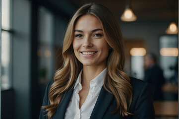 Fototapeta premium Smiling Woman At Office Caught In Photo. Сoncept Office Portraits, Professional Headshots, Business Casual Poses, Confidence In The Workplace,businesswoman with team in the background.