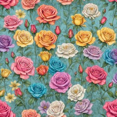 The design combines seamless multi-colored roses.