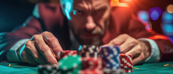 Close up gambling man completely absorbed in game of poker, chips and the energetic atmosphere of casino