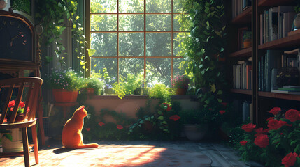 Orange cat with potted plants on cozy library room